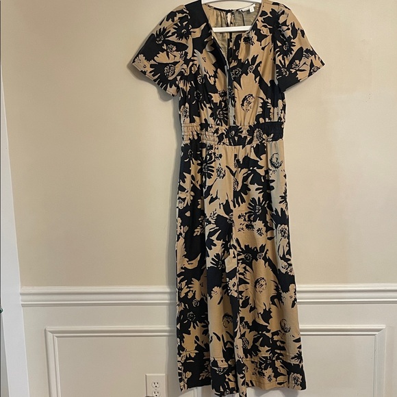 Anthropologie Floral Jumpsuit Black Tan Wide Leg Romper Size M - Picture 2 of 12